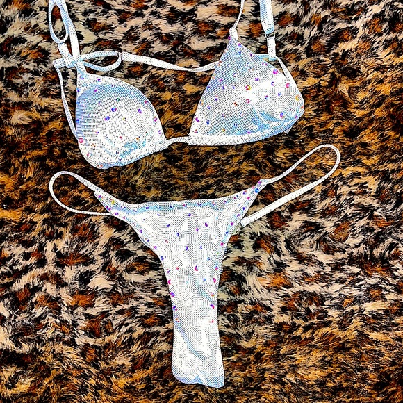 Metallic AB Sparkle Rhinestone Thong Bikini 👙✨✨ - Picture 3 of 7
